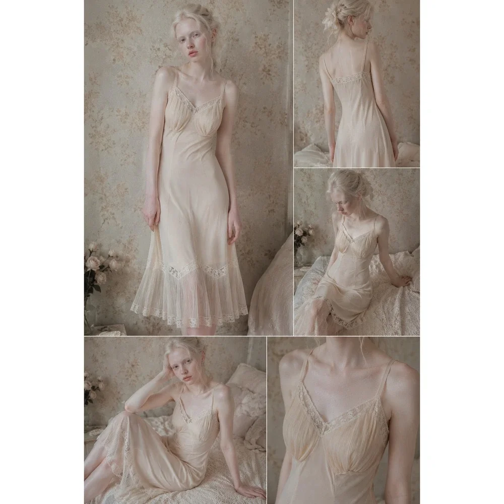 Vintage Rogers Peach Nylon Tricot Lace Pleated Full Slip Dress Size 36 Coquette